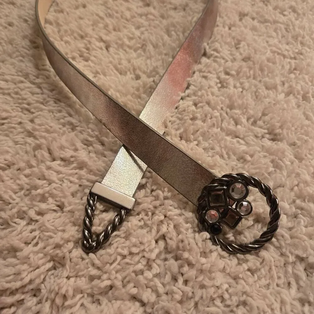Chico's Silver Leather Belt Rhinestone Buckle M/L